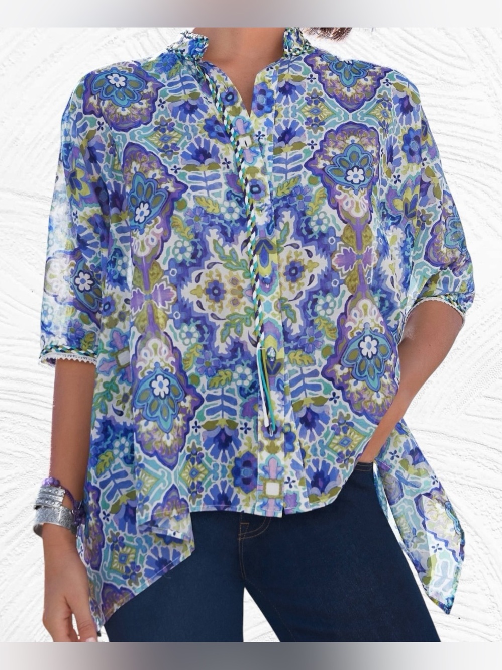 JOHNNY WAS KIARA Blouse M Cotton Silk Floral Geometric Asymmetrical‎ Whimsical
